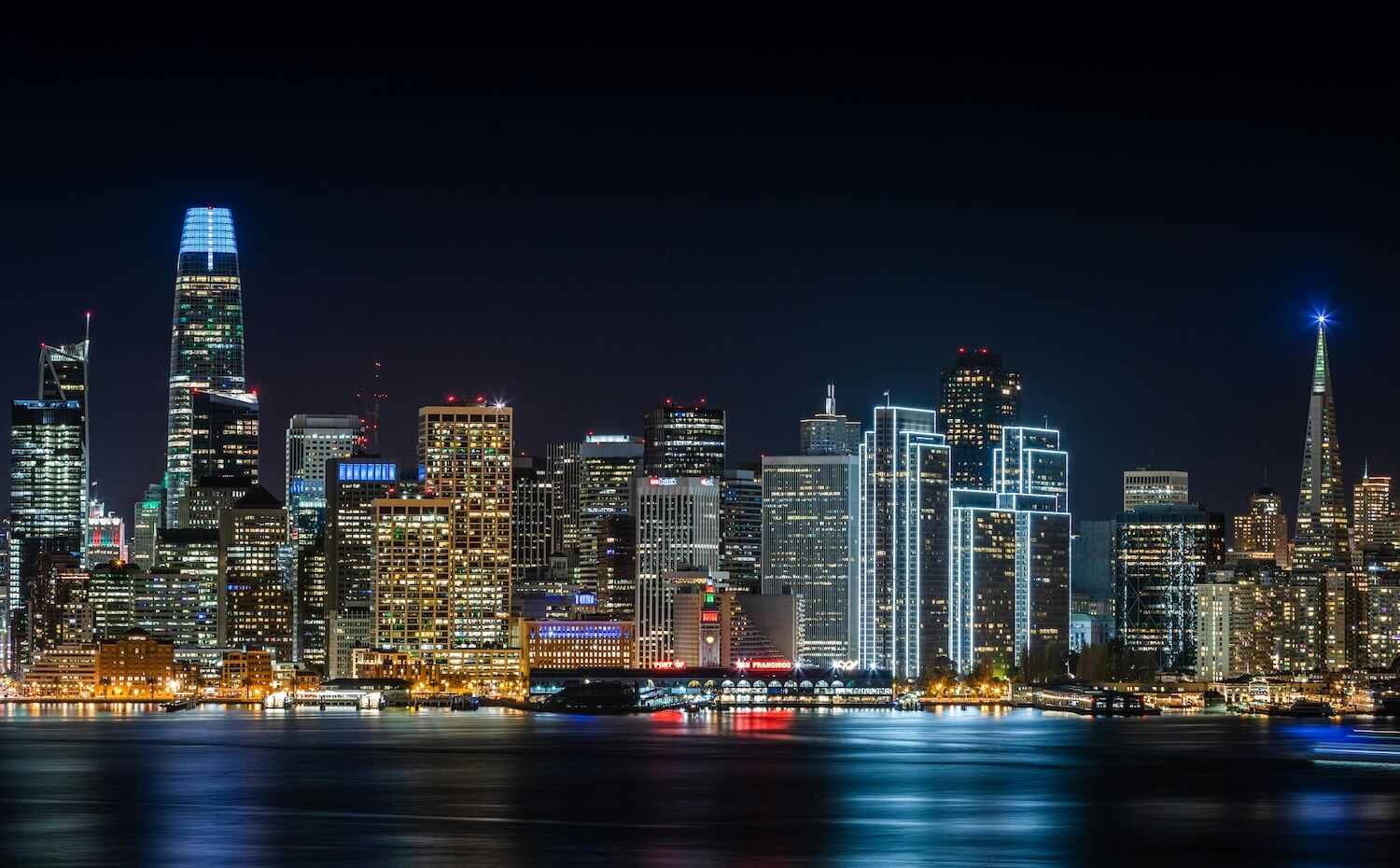 san francisco city skyline at night over the water